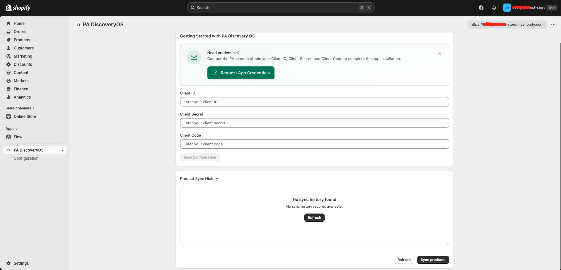 App home page after installation