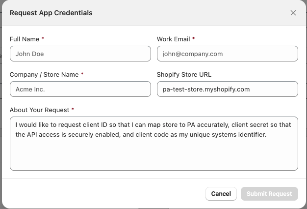 Request credentials button